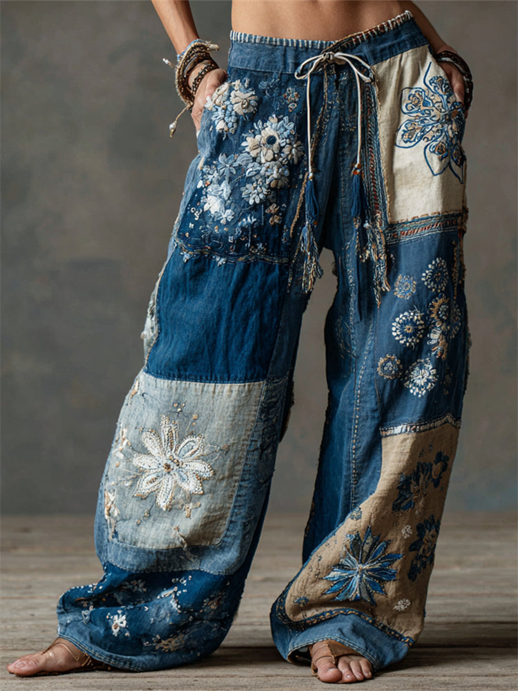 Boho Floral Lace Embroidered Patchwork Flowy Linen Wide Leg Pants