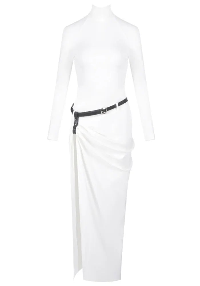 Long Sleeve Belt Backless Maxi Dress White