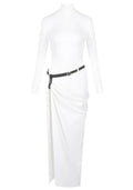 Long Sleeve Belt Backless Maxi Dress White
