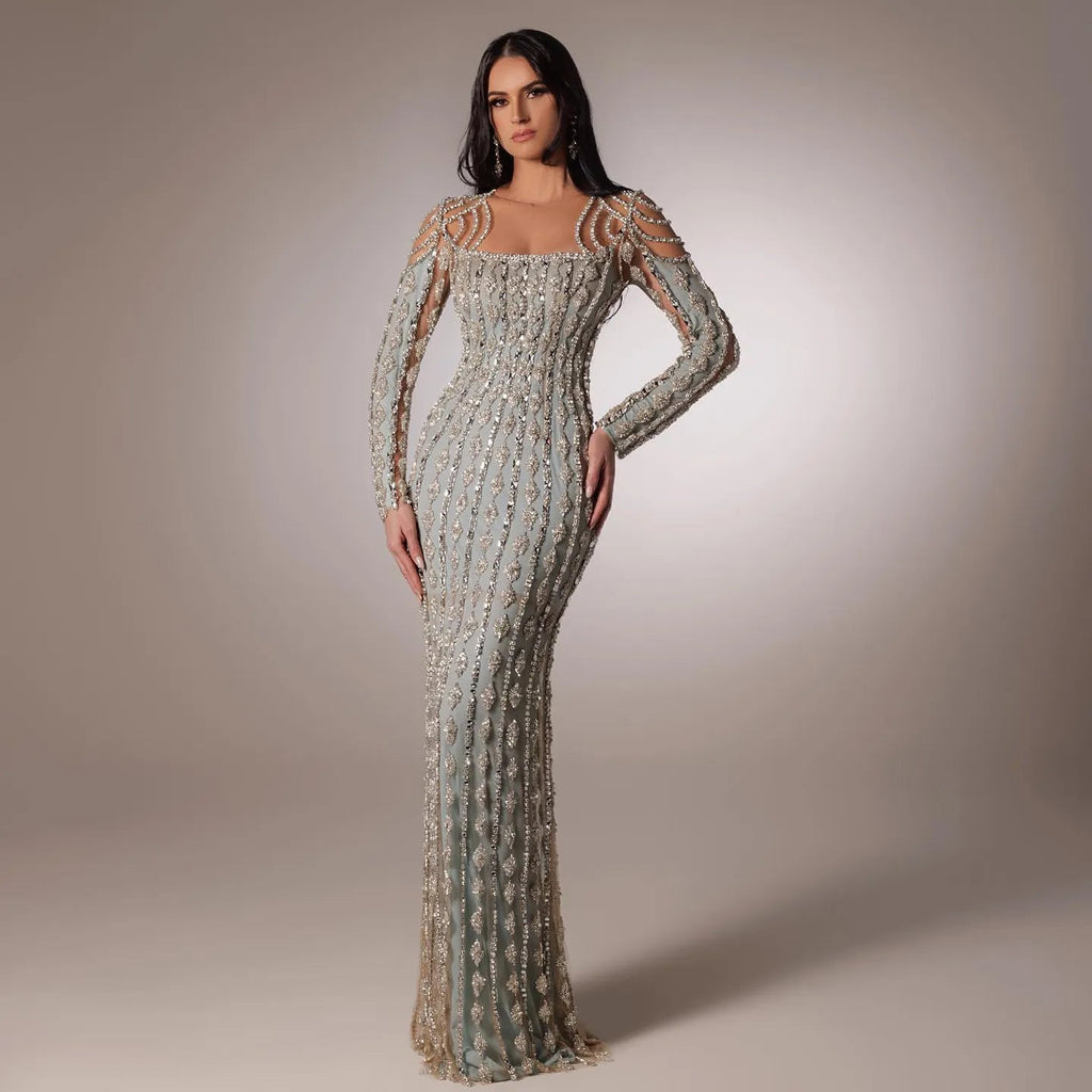 Dreamy Vow Luxury Arabic Sage Green Dubai Evening Dresses Mermaid Muslim Long Sleeves Islamic Women Wedding Party Gowns 398