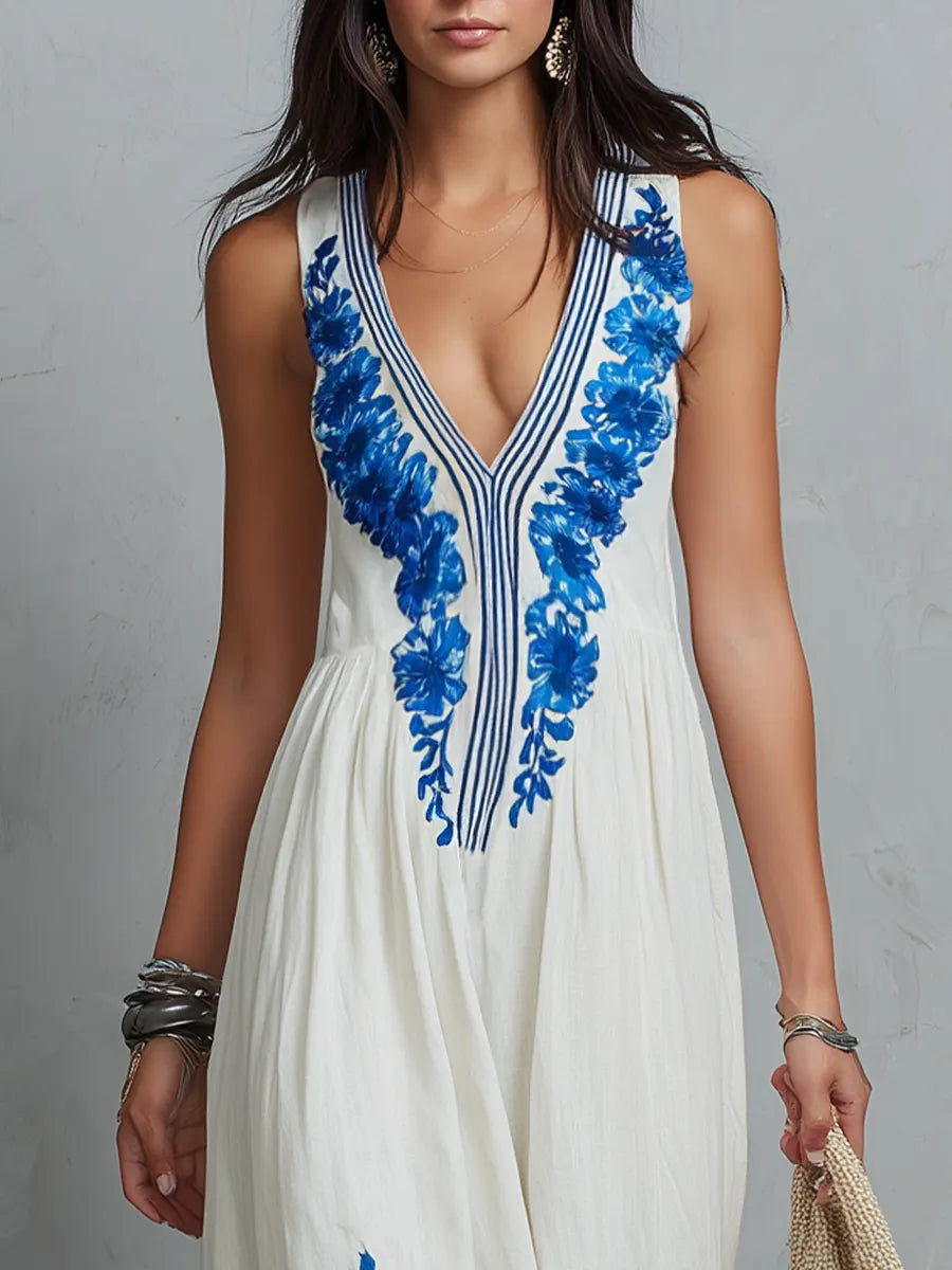 Elegant Blue Floral Print Maxi Dress