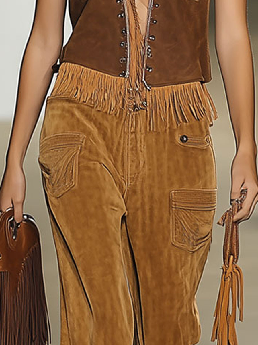 [24-hour shipping out]Casual Loose Vintage Caramel Suede Rivet Tassel Wide Leg Pants