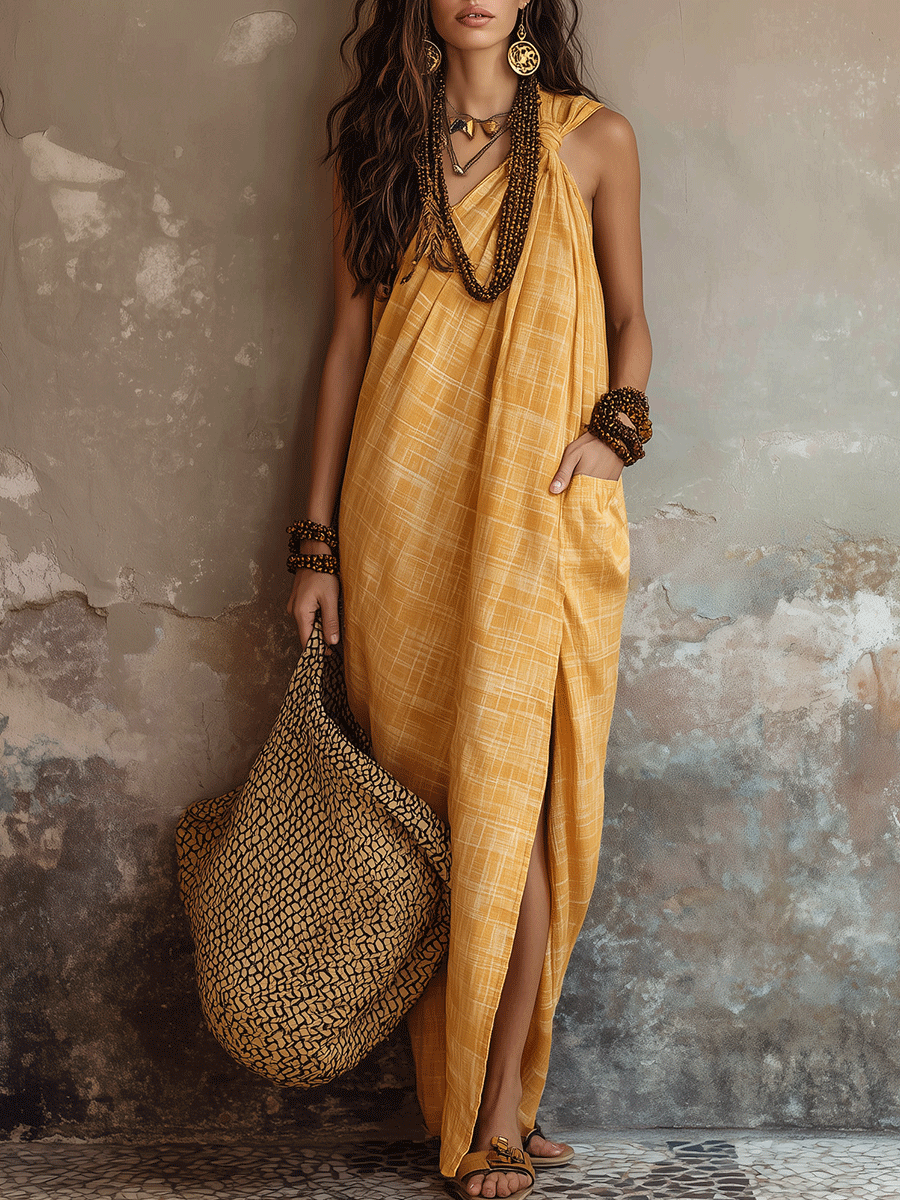 Chic Mustard Yellow Lightweight Relaxed Fit Resort Wrap Style Maxi Dress