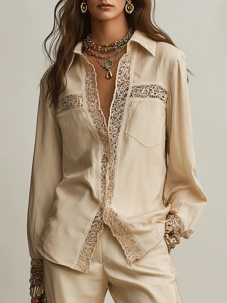 Bohemian Resort Sand Beige Lace-Trim Shirt & Wide-Leg Pants Set