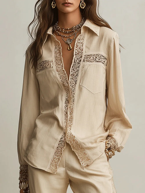 Bohemian Resort Sand Beige Lace-Trim Shirt & Wide-Leg Pants Set