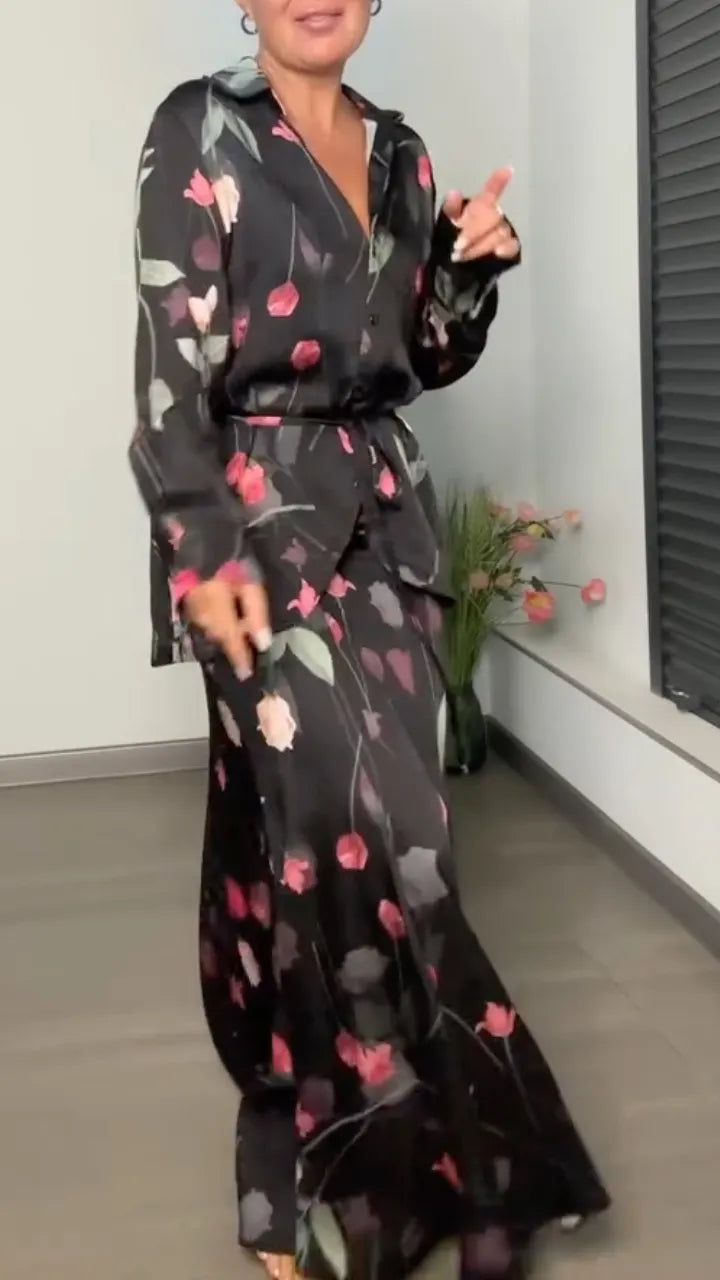 Women's Lapel Printed Satin Casual Suit