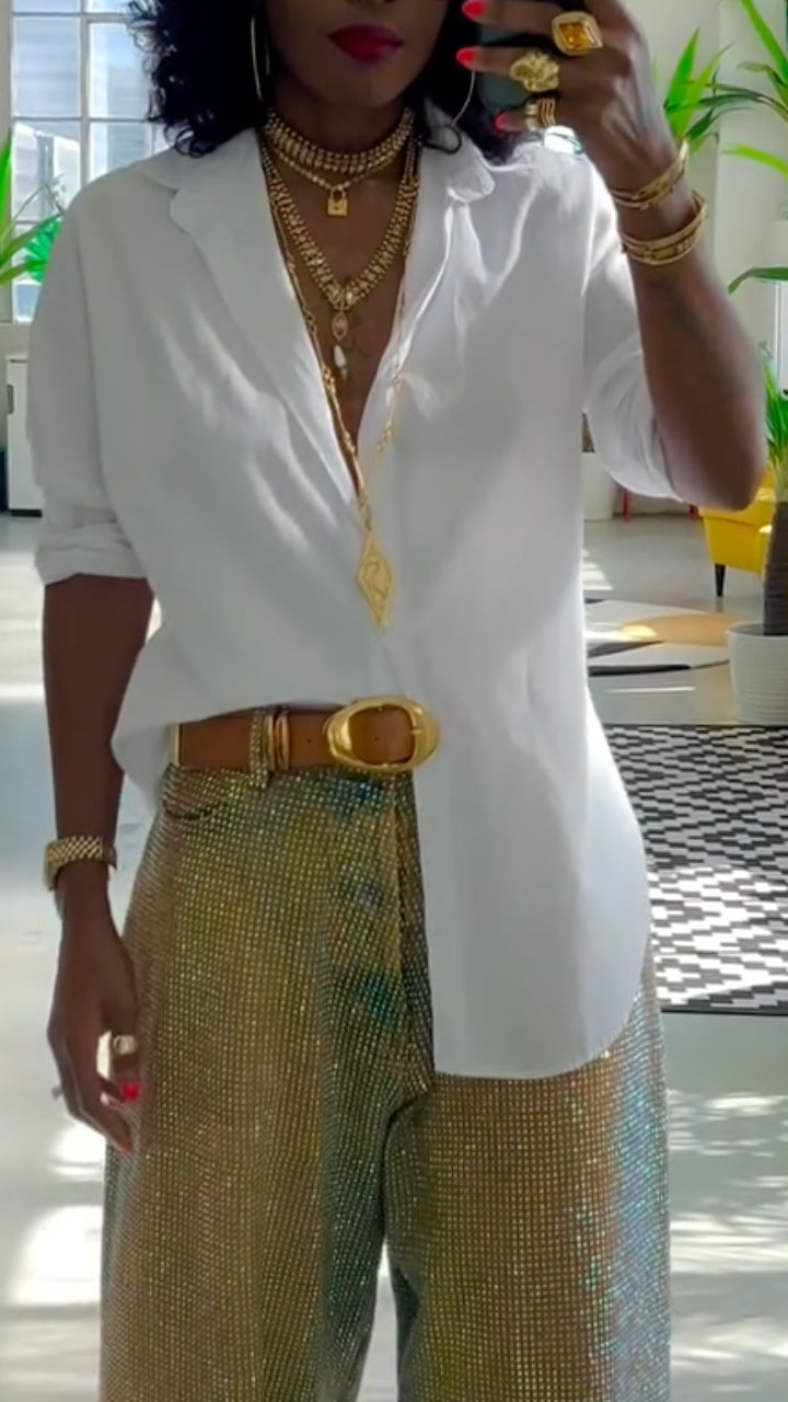 White Shirt Gold Rhinestone Wide Leg Pants Set