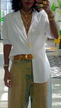 White Shirt Gold Rhinestone Wide Leg Pants Set