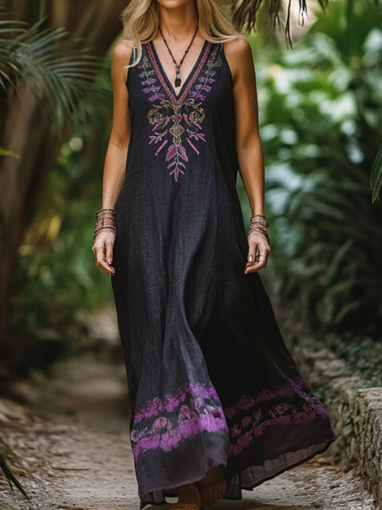 Bohemian Lavender Embroidery Sleeveless  Cozy Linen Maxi Dress