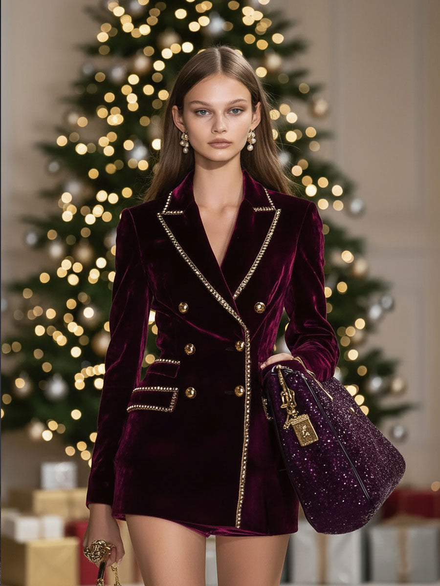 [24-hour shipping out]Casual Vintage Burgundy Velvet Gold Trim Double Breasted Suit Mini Dress
