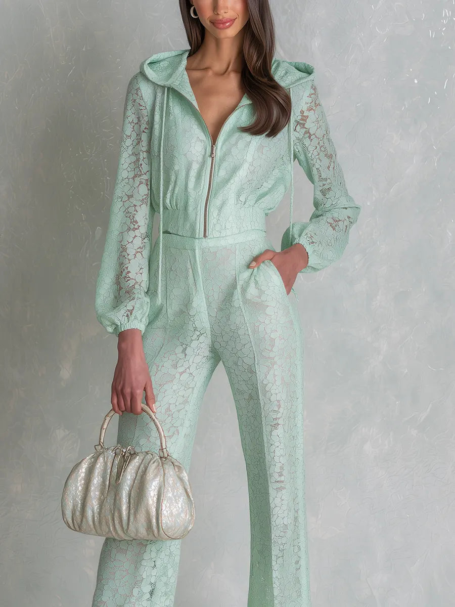 Romantic Mint Green Lace Hooded Wide Leg Set