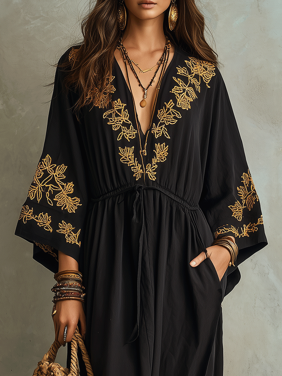 Bohemian Embroidered Waist-Tie Black Maxi Dress