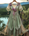 Summer Vintage FloralIrregular Lace Patchwork Ruffle Dress 104a