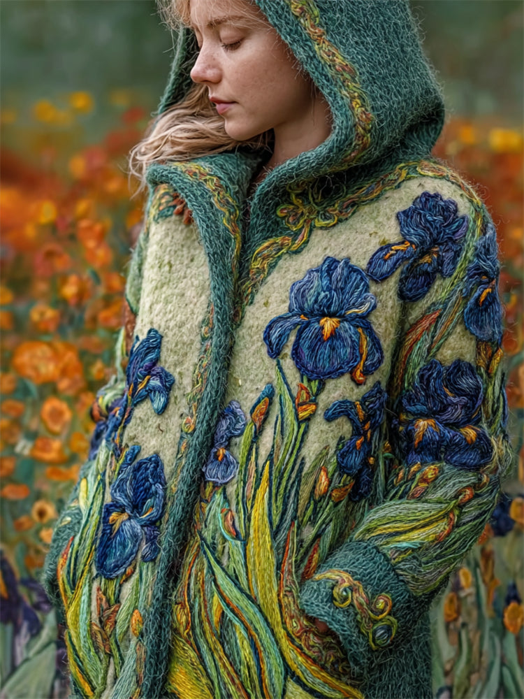 Vintage Irises Painting Embroidered Cozy Knit Hooded Cardigan