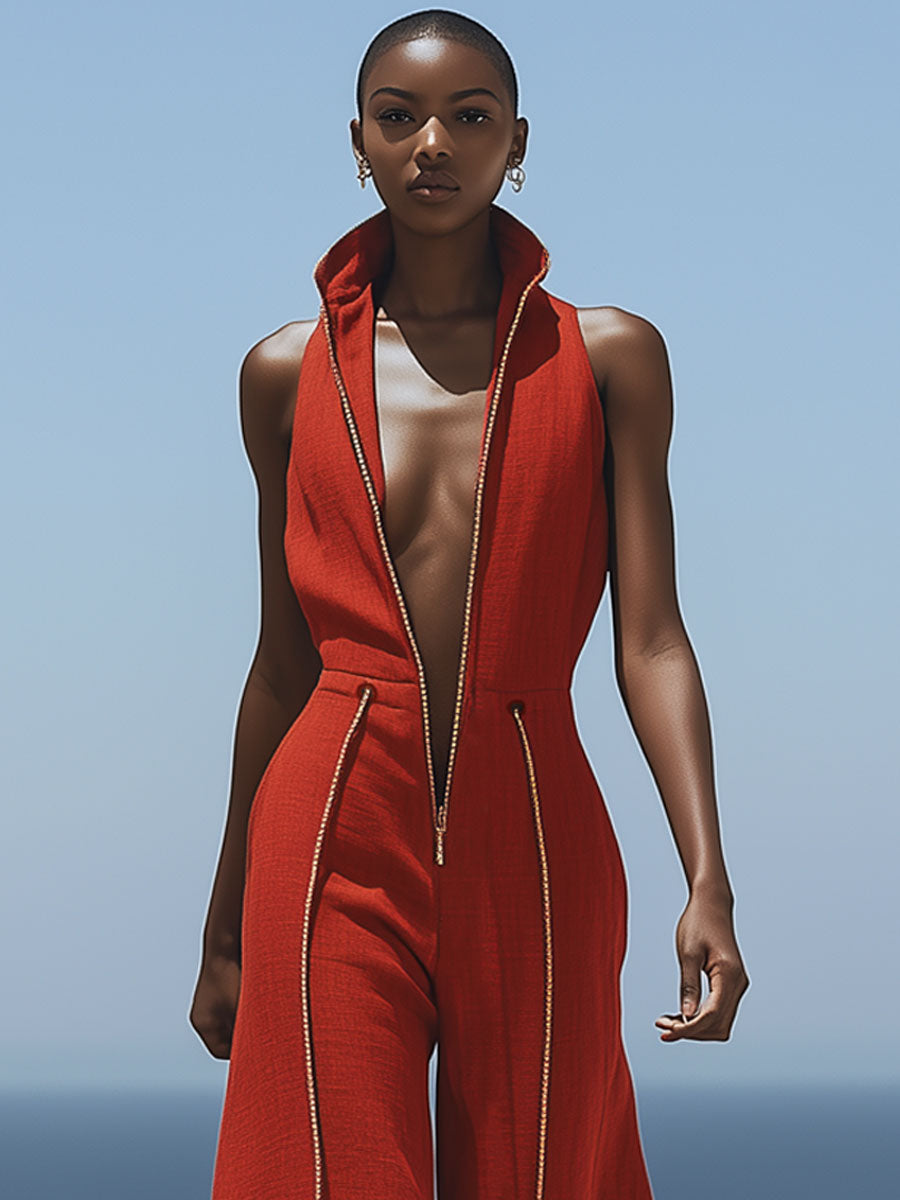 [24-hour shipping out]Casual Retro Red Cotton and Linen Zipper Sleeveless Elastic Waist Wide Leg Jumpsuit