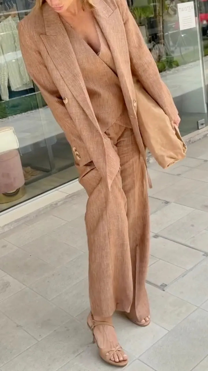 Brown Linen Blazer, Vest & Wide Leg Pants 3‑Piece Set