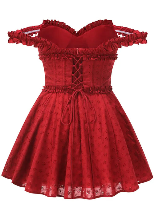 Bardot Broderie Corset A Line Dress Red