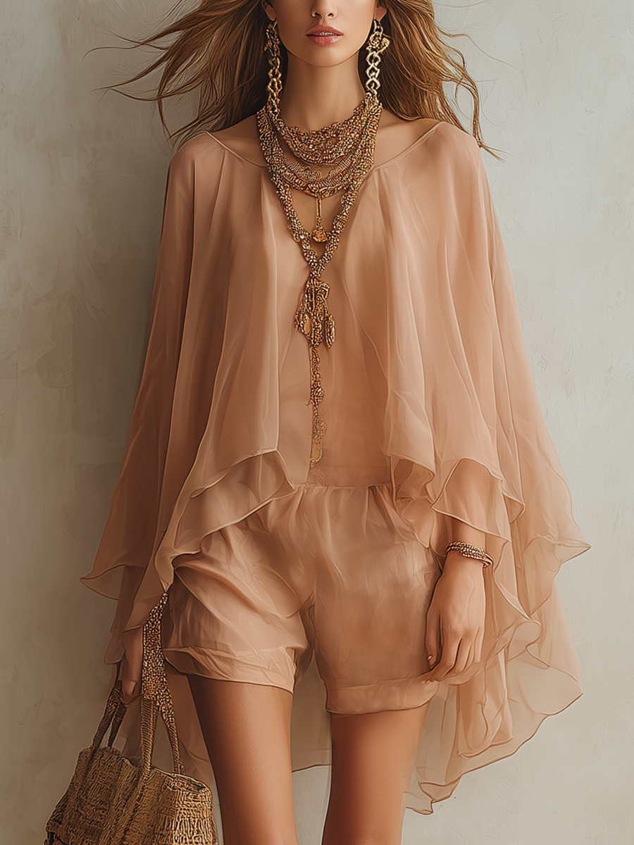 Romantic Apricot-colored Chiffon Pants Set With Ruffles