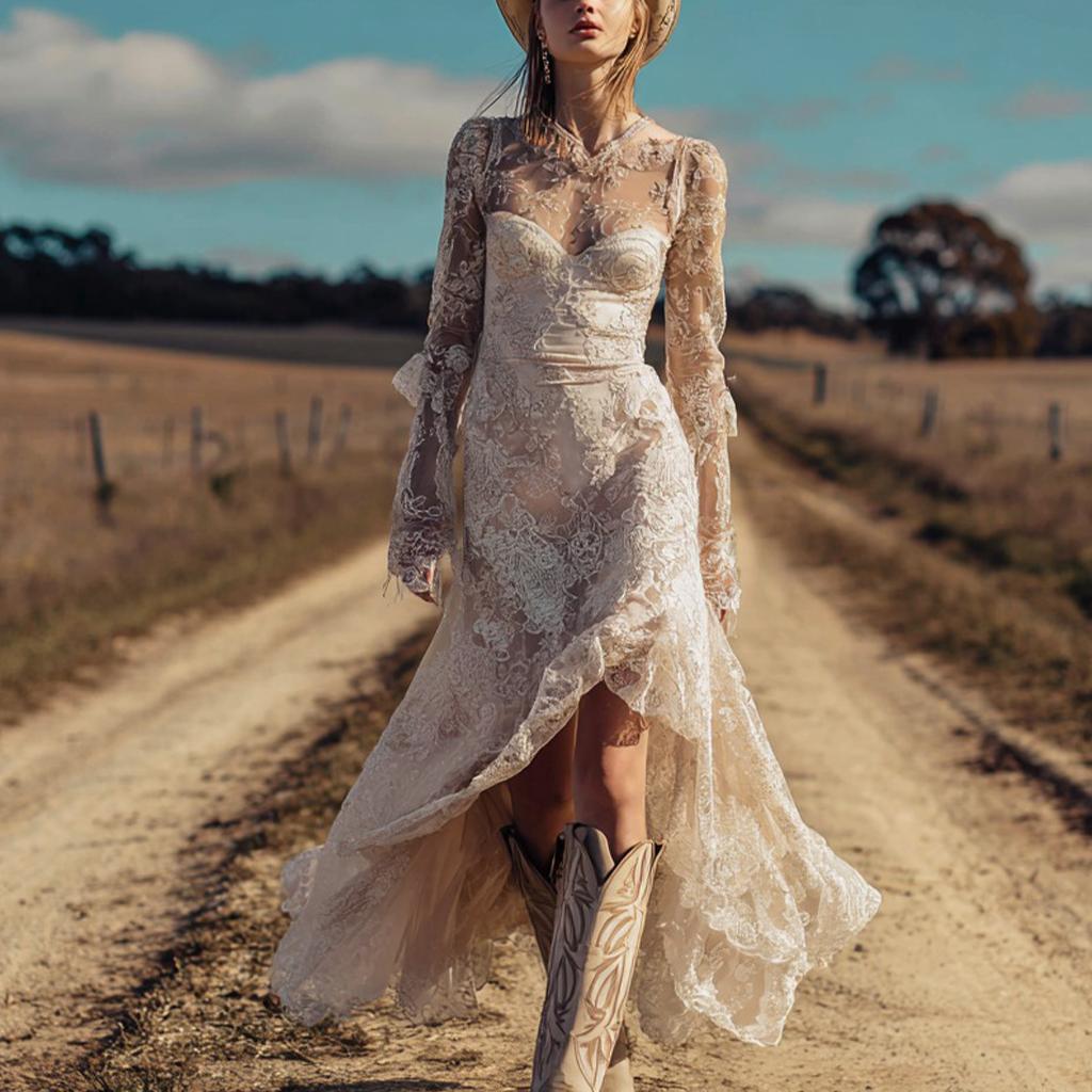 Women's Vintage Elegant Western-Inspired Lace Gown