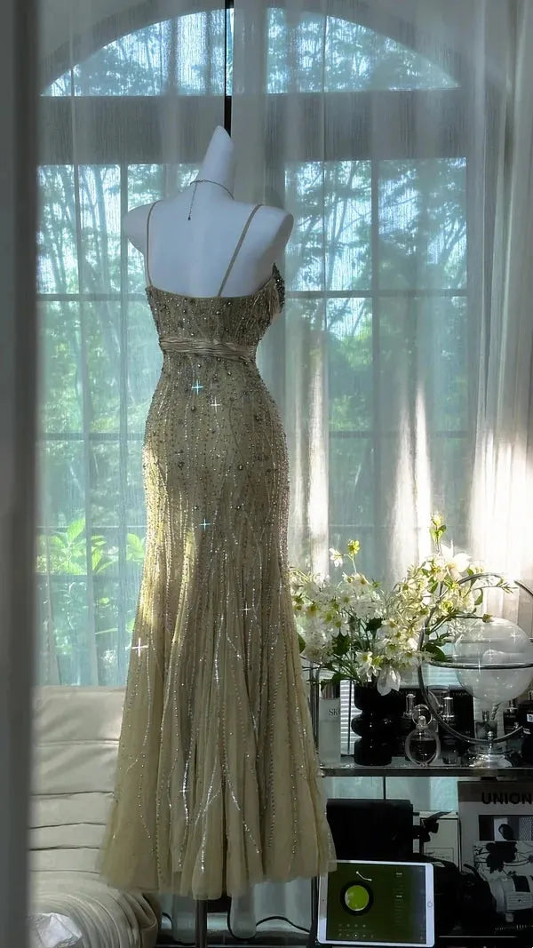 Gold Grass Green Vintage Beading Long Elegant Chiffon Homecoming Dress Ball Dress Evening Dress Birthday Party Dress Date Dress Prom Dress