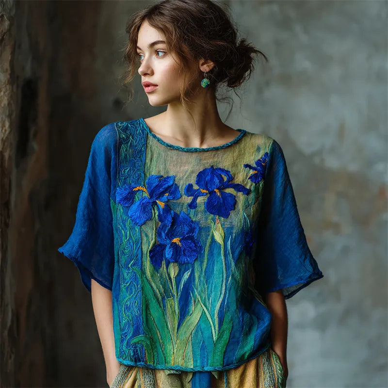 Oil Painting Irises Embroidered Contrast Flowy Linen Tunic