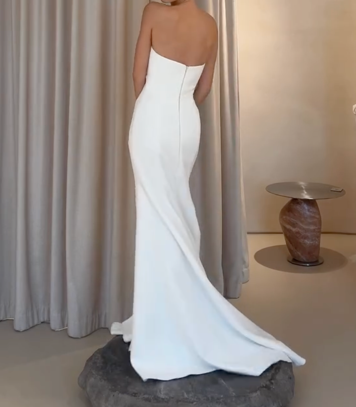 Strapless Cowl Neck Satin Mermaid Wedding Dress High Slit Bridal Gown With Detachable Lace Gloves