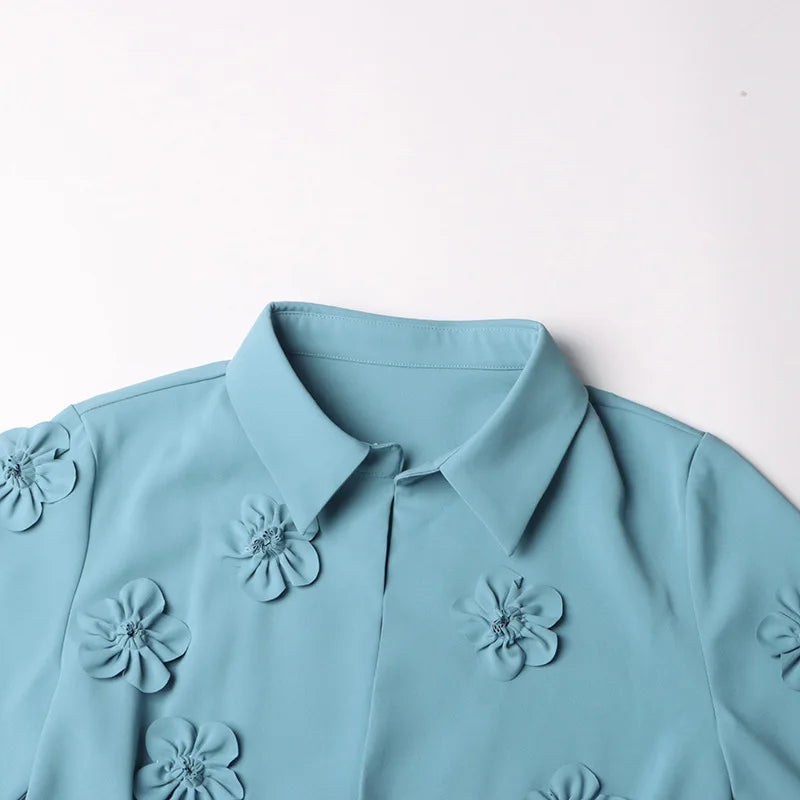 Turquoise Jumpsuit with 3D Floral Appliqués, Long Sleeves & Shorts