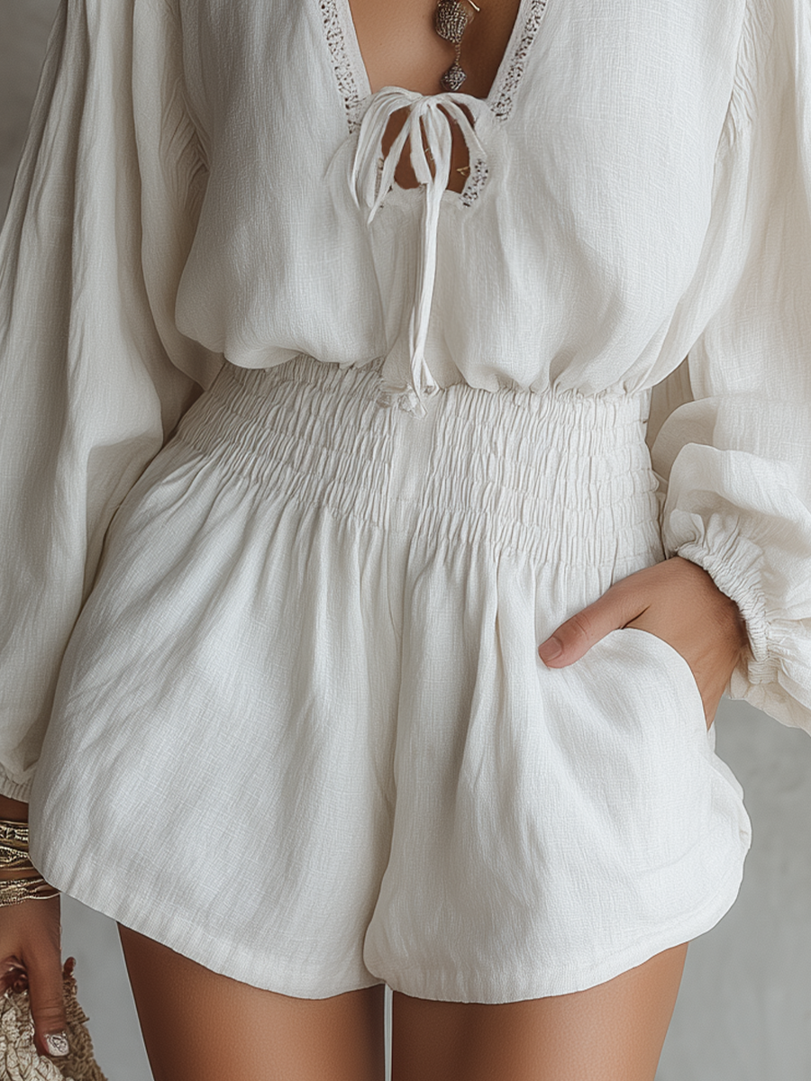 Soft Lace-Trim Smocked Romper