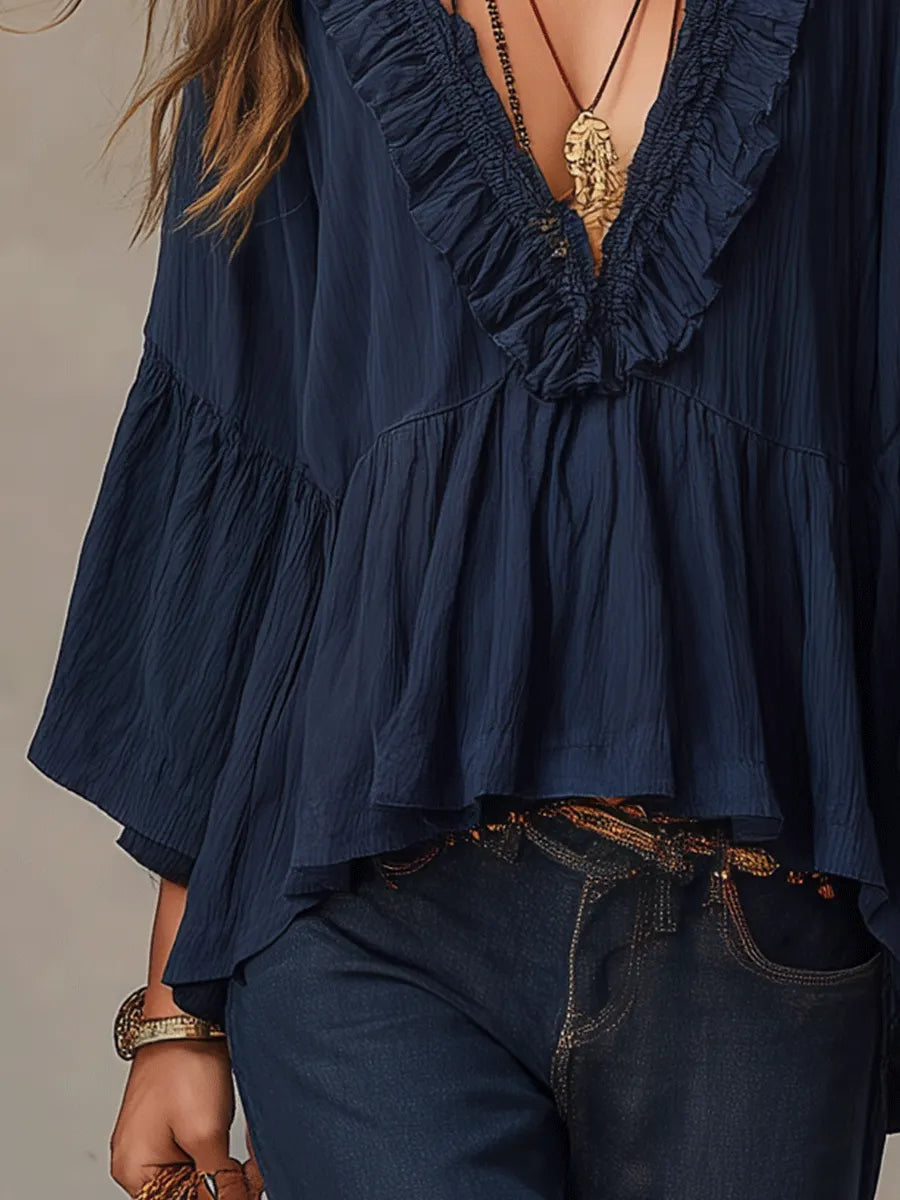 Effortless Deep Blue Ruffle Boho Blouse