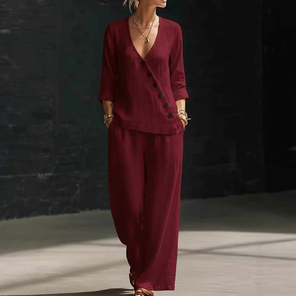 Elegant White Linen Blend Two-Piece Set | Chic V-Neck Button Top & Wide Leg Pants Lounge Set
