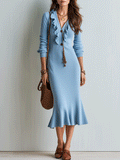 Elegant Ruffle Resort Sky Blue Mermaid Midi Dress