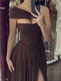 Solid Color Pleated Asymmetric Sleeveless Tube Split-Side Maxi Dresses