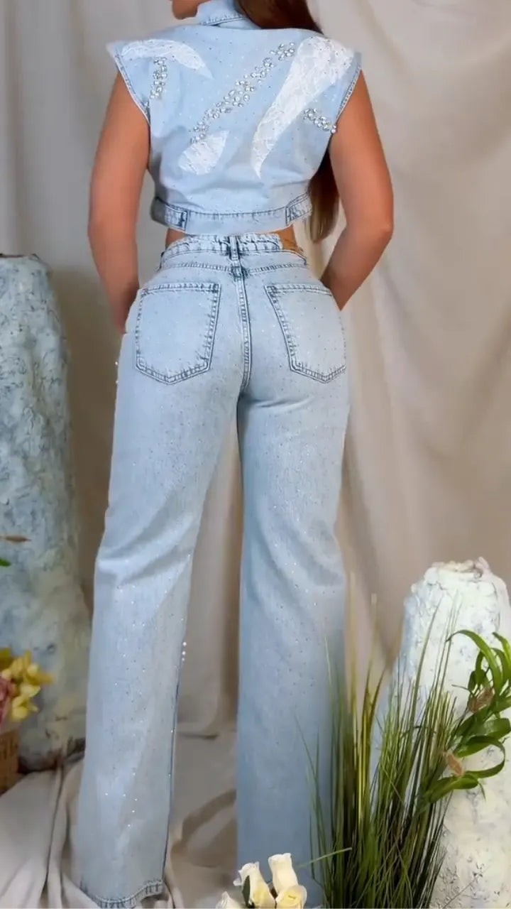 Women's Lace Rhinestone Denim Suit