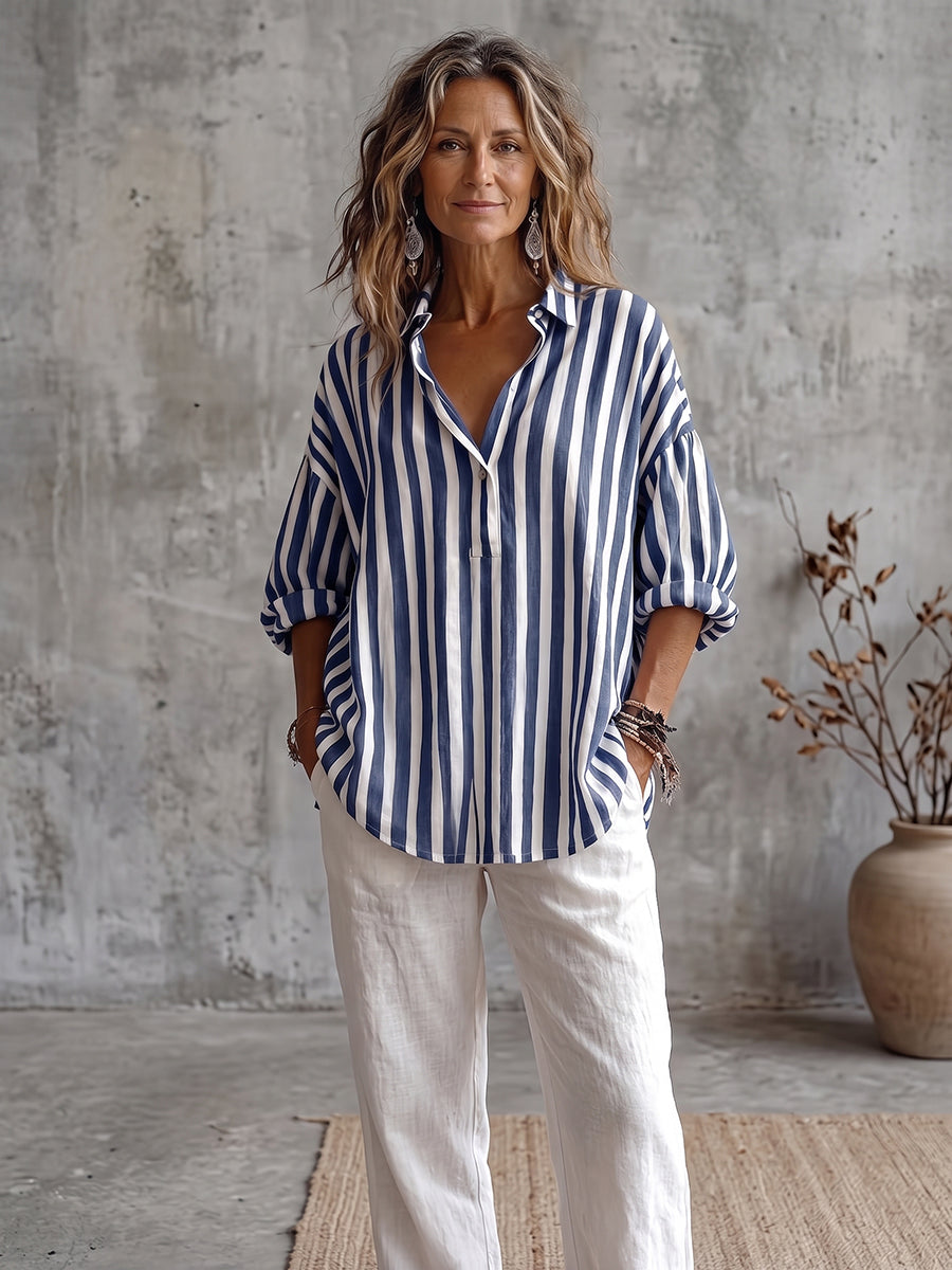 Casual Classic Striped Cotton Linen Blouse