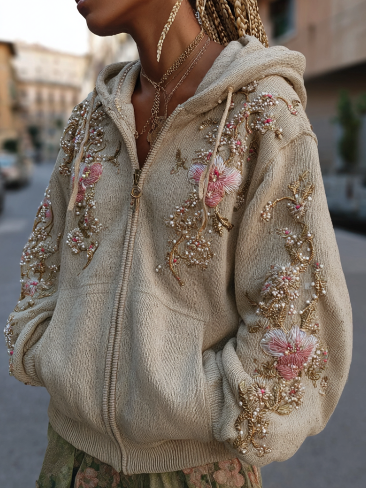 Bohemian Style Pink Flower Embroidery Hooded Long Sleeve Jacket With Zipper