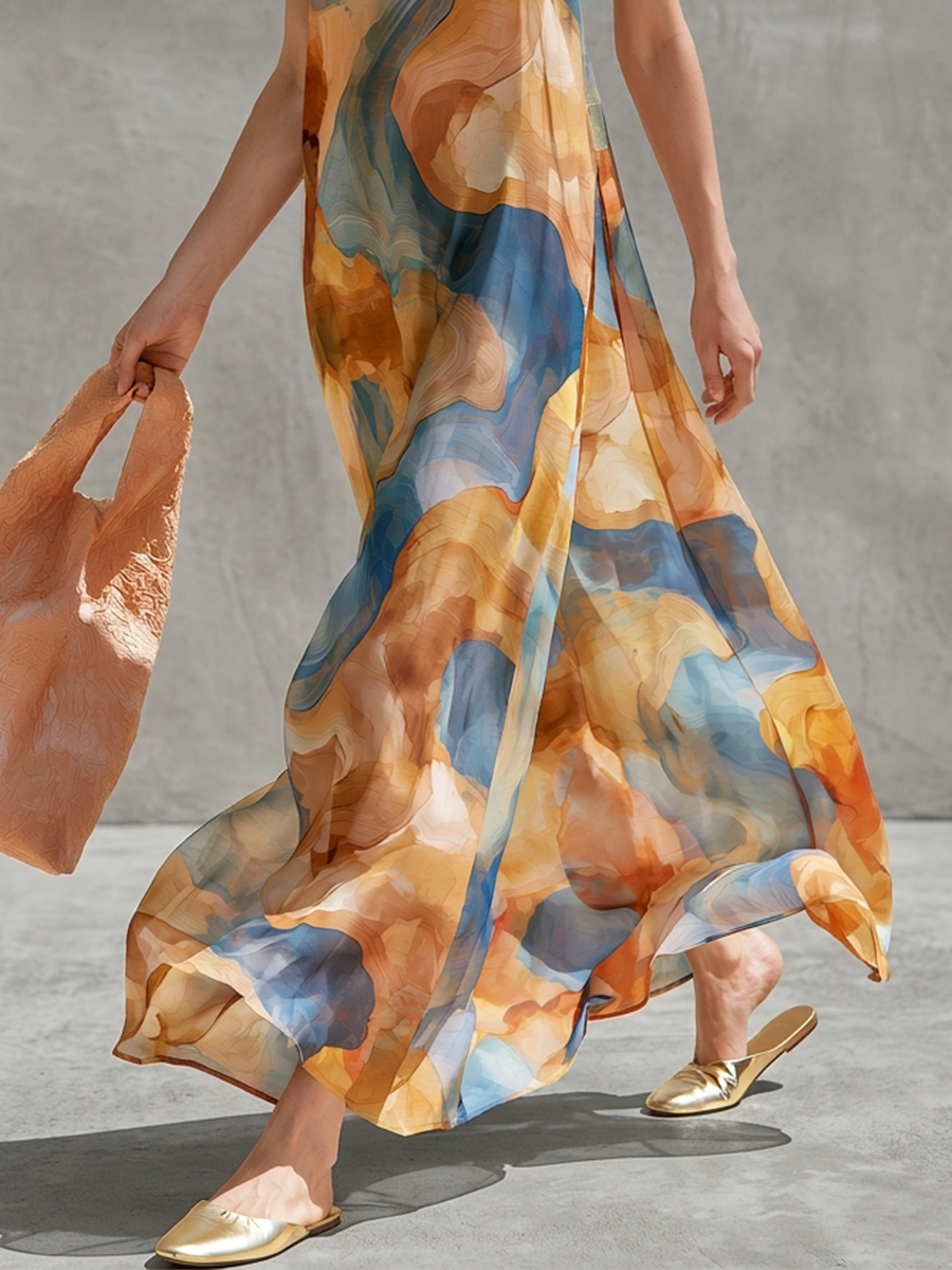 Bohemian Style Watercolor Print Backless Halter Neck Maxi Dress