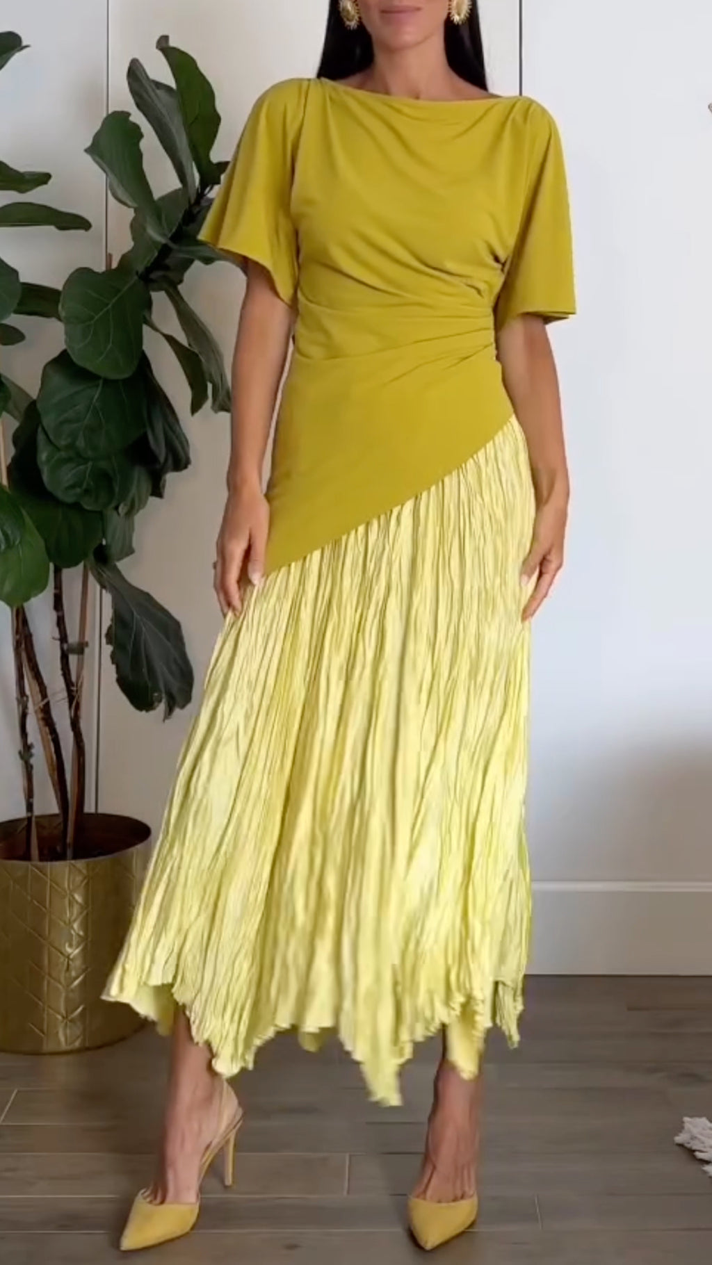 Draped Top & Crinkle Pleated Midi Skirt Co‑Ord Set