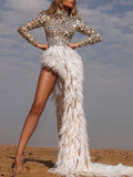 Stylish Round-Neck Sequined Long Sleeve Empire Feather Evening Mini Dress