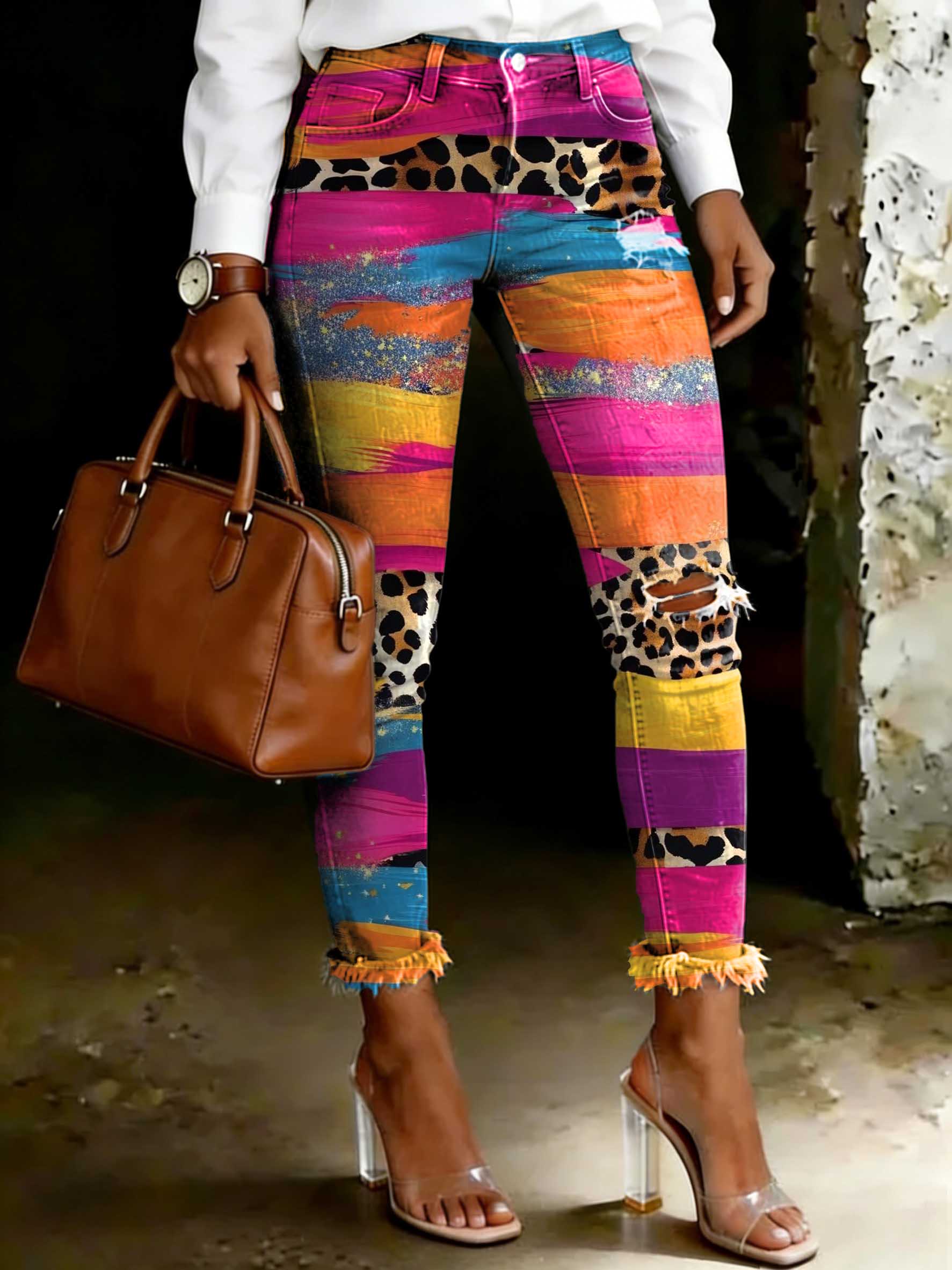 Women's Colorful Striped Leopard Print Ripped Skinny Jeans