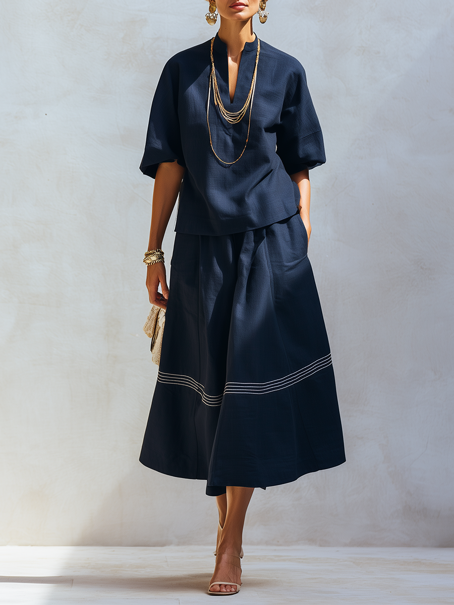 Bohemian Blue Short Sleeve Color Blocked Striped Skirt Set