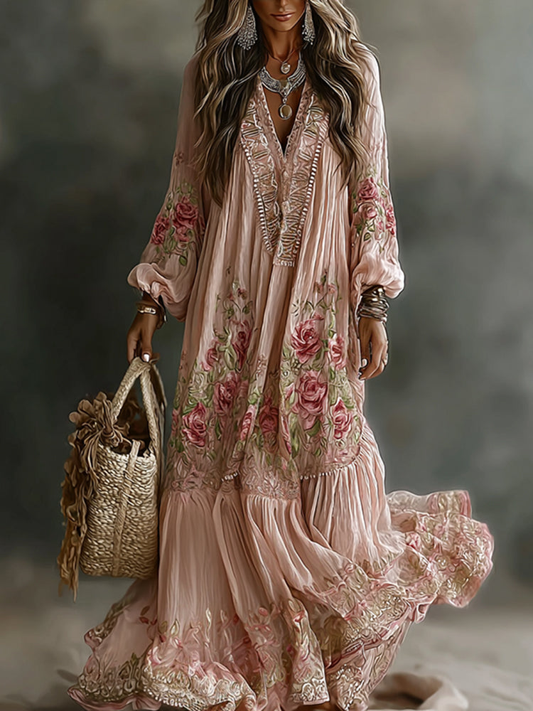 Women's Floral Art Print Flowy Linen Blend Casual Long Sleeve Maxi Dress