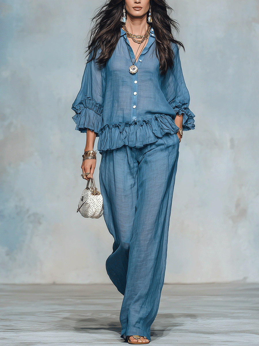 Women's Sheer Ruffle Blouse & Wide Leg Pants Two-Piece Set
