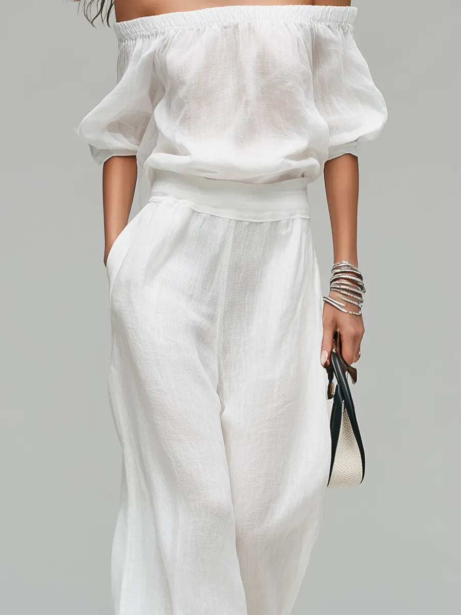 White Off-the-shoulder Linen Blend Top And Wide-leg Pants Set