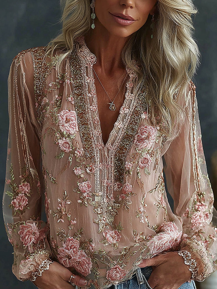 Women's Spring Floral Embroidered Art Print Flowy Linen Blend Casual Tops