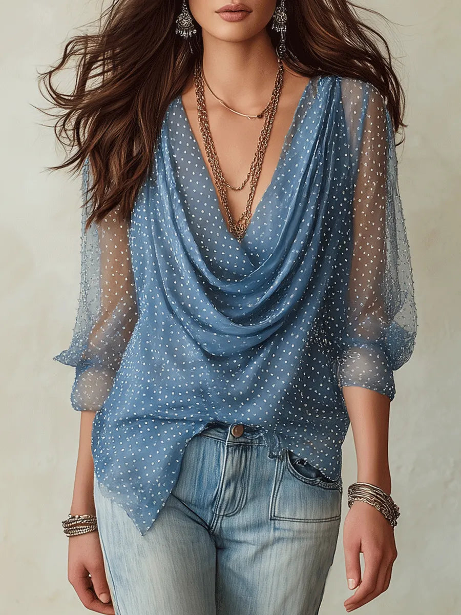 Effortless Chic Chiffon Polka-Dot Cowl-Neck Dusty Blue Blouse