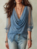 Effortless Chic Chiffon Polka-Dot Cowl-Neck Dusty Blue Blouse