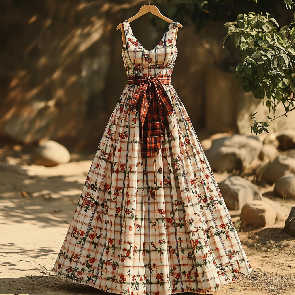 Women's Vintage Floral Plaid Pattern Cotton And Linen Sleeveless Dress