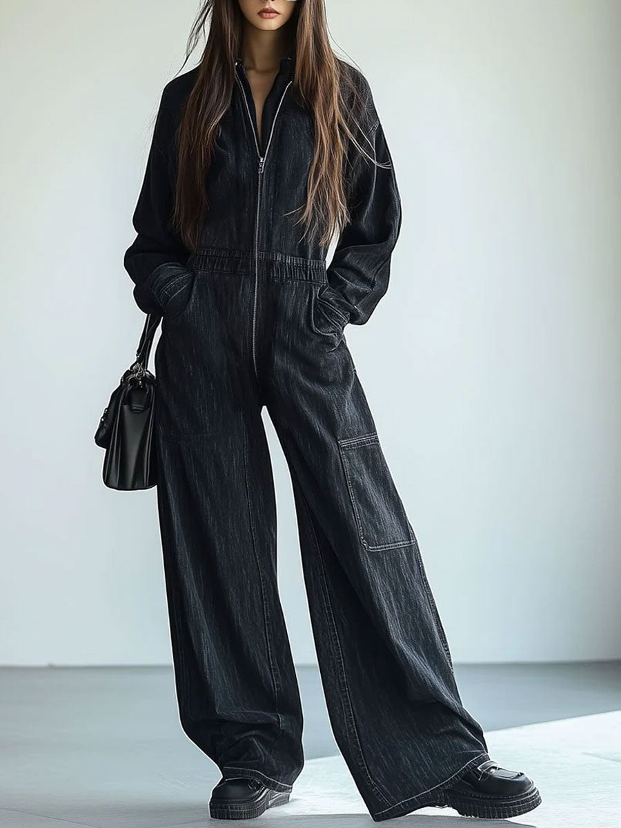 [24-hour shipping out]Casual Loose Retro Denim Zipper Elastic Waist Lapel Long Sleeve Jumpsuit