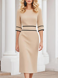 [24-hour shipping out]Elegant And Stylish Black Line Trim Khaki Midi Dress