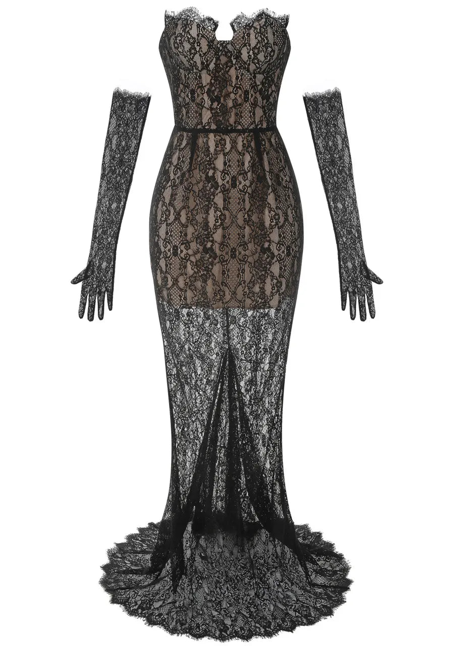 Strapless Lace Bustier Corset Maxi Dress Black